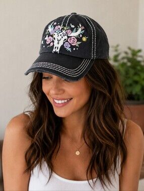 KBETHOS Vintage Gray Cap with Distressed Floral Cow Skull Embroidery Detail